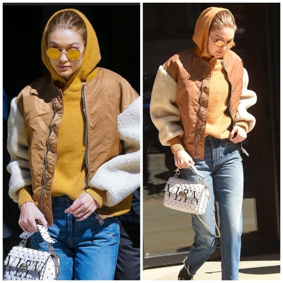Maje x Schott Boston Shearling Bomber Jacket in Caramel Tan Cream Casual Winter
